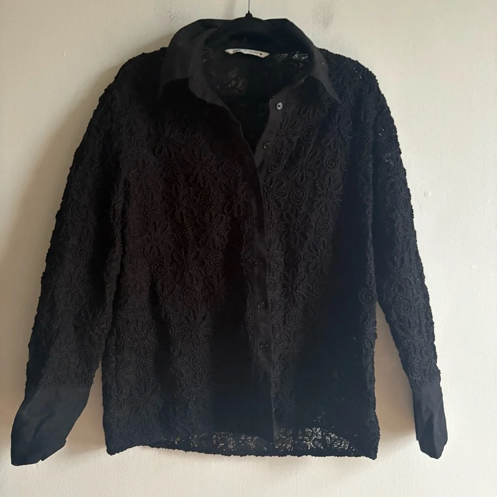 Zara Sz L Black Lace 3 D Semi Sheer Button Front Elegant Blouse - Picture 2 of 9